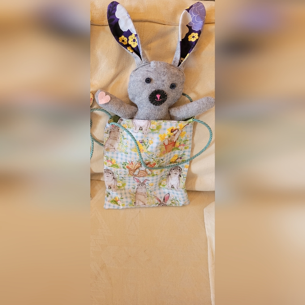 Hand sewn bunny in totebag